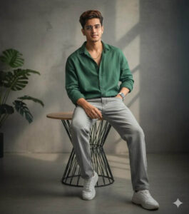 create a man with dark hair, and a confident, soft expression