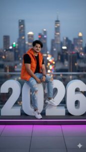 A young man in trendy casual wear (orange hoodie vest over a black t-shirt, ripped jeans