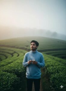 The young man sits peacefully on a low stone beside the lush green tea bushes