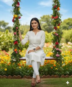 A young woman sitting gracefully on a wooden swing decorated with colorful flowers and green leaves