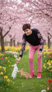 A bright and cheerful outdoor portrait of a young man sitting on a yellow block in a spring garden surrounded by cute rabbits. 