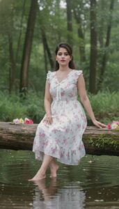 my face orginal sitting on a wooden log over calm water in a green forest