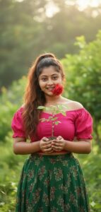 8K ultra-realistic 9:16 portrait of my face orginal upload holding a tree, with a red rose in her mouth.